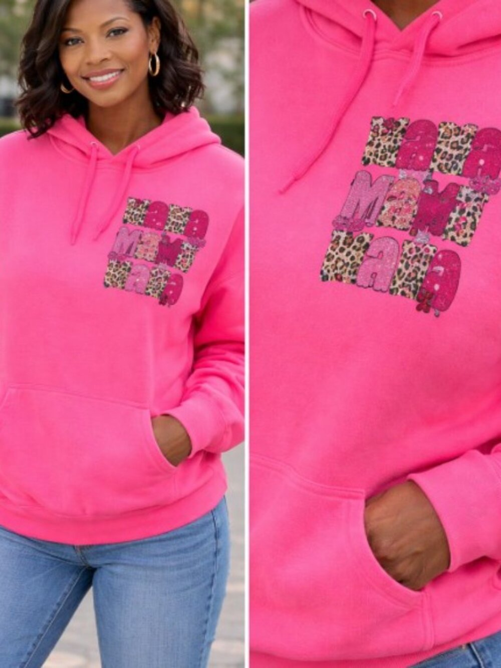 Pink Brown Cream Leopard MAMA Graphic Sweatshirt Custom Hoodie X-Large